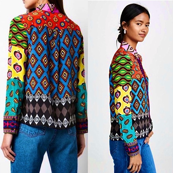 ALICE OLIVIA Silk Colorblock Patchwork Print Long Sleeve Embroidered Trim Top XS - Picture 2 of 12